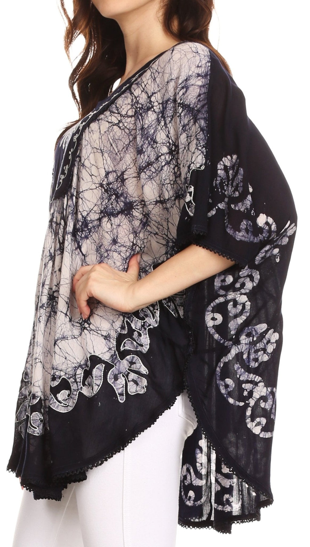 Sakkas Lynda Two Tone Batik Embroidered Palm Tree Peasant Top / Poncho tops La Vie Bien Sakkas Lynda Two Tone Batik Embroidered Palm Tree Peasant Top / Poncho