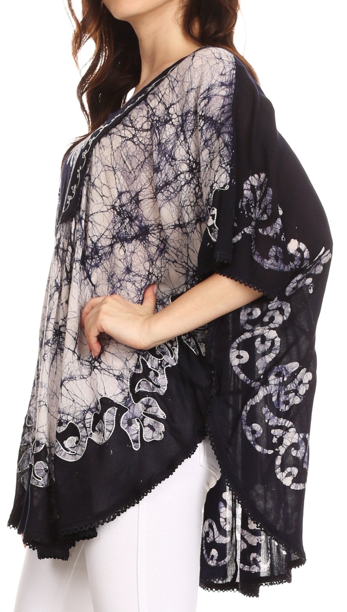 Sakkas Lynda Two Tone Batik Embroidered Palm Tree Peasant Top / Poncho tops La Vie Bien Sakkas Lynda Two Tone Batik Embroidered Palm Tree Peasant Top / Poncho