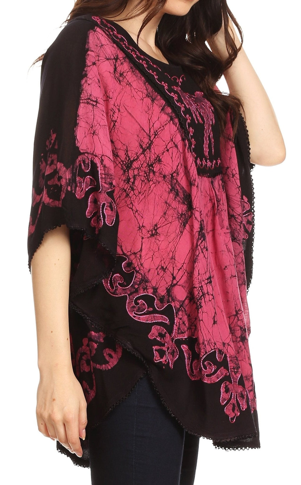 Sakkas Lynda Two Tone Batik Embroidered Palm Tree Peasant Top / Poncho tops La Vie Bien Sakkas Lynda Two Tone Batik Embroidered Palm Tree Peasant Top / Poncho