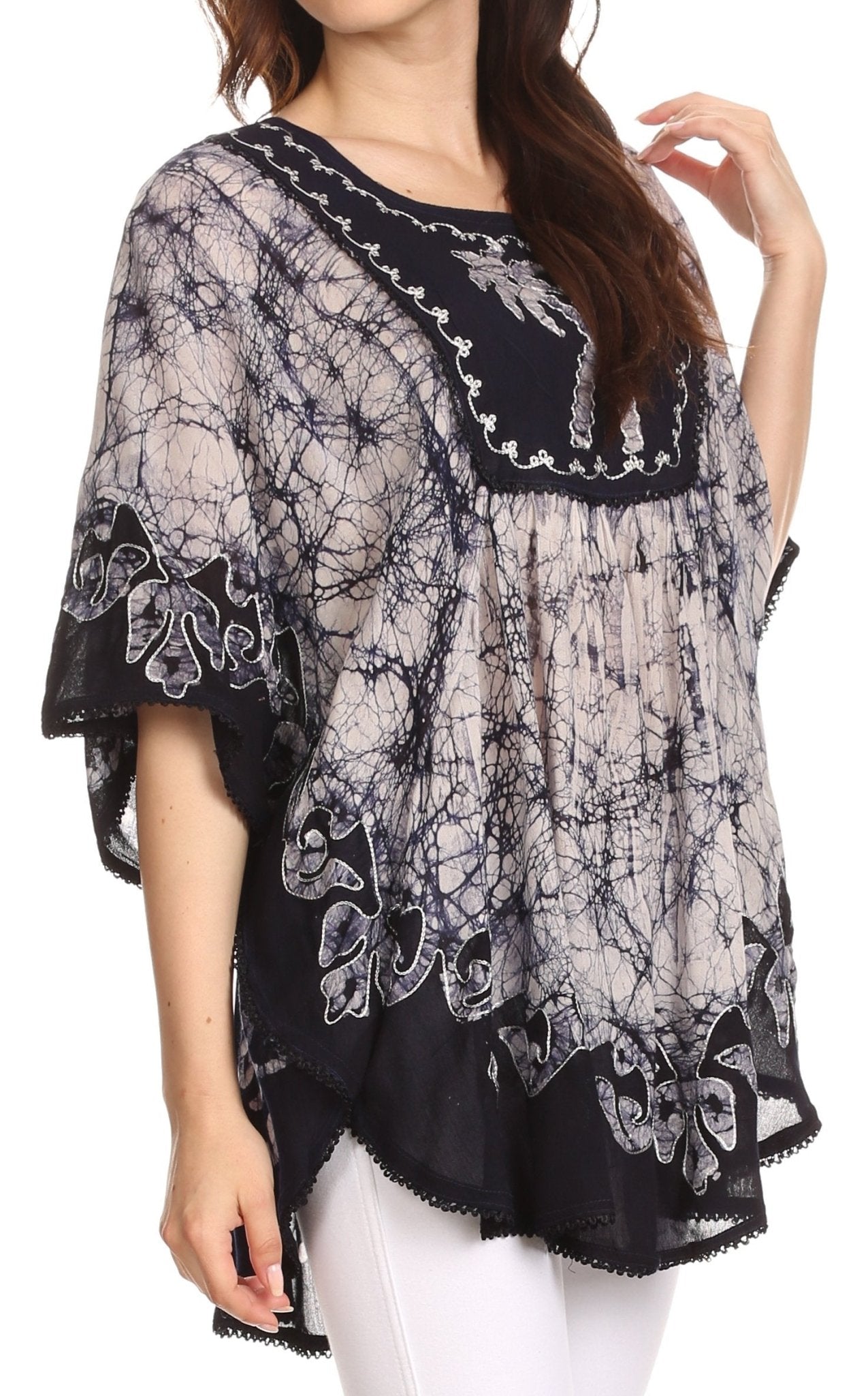 Sakkas Lynda Two Tone Batik Embroidered Palm Tree Peasant Top / Poncho tops La Vie Bien Sakkas Lynda Two Tone Batik Embroidered Palm Tree Peasant Top / Poncho