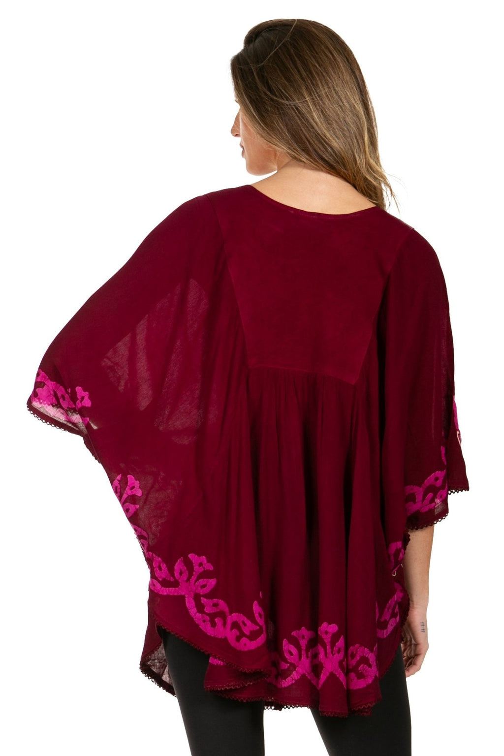 Sakkas Lynda Two Tone Batik Embroidered Palm Tree Peasant Top / Poncho tops La Vie Bien Sakkas Lynda Two Tone Batik Embroidered Palm Tree Peasant Top / Poncho