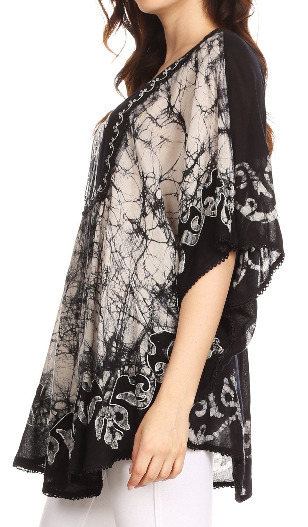Sakkas Lynda Two Tone Batik Embroidered Palm Tree Peasant Top / Poncho tops La Vie Bien Sakkas Lynda Two Tone Batik Embroidered Palm Tree Peasant Top / Poncho
