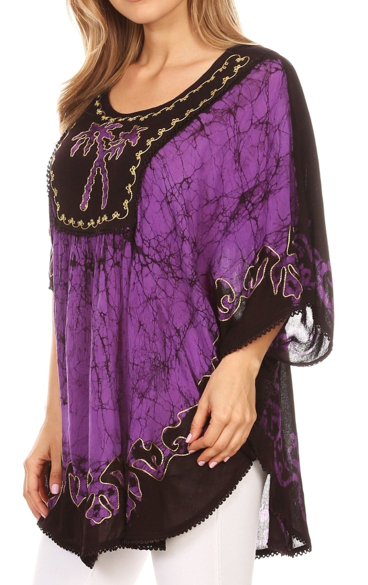 Sakkas Lynda Two Tone Batik Embroidered Palm Tree Peasant Top / Poncho tops La Vie Bien Sakkas Lynda Two Tone Batik Embroidered Palm Tree Peasant Top / Poncho