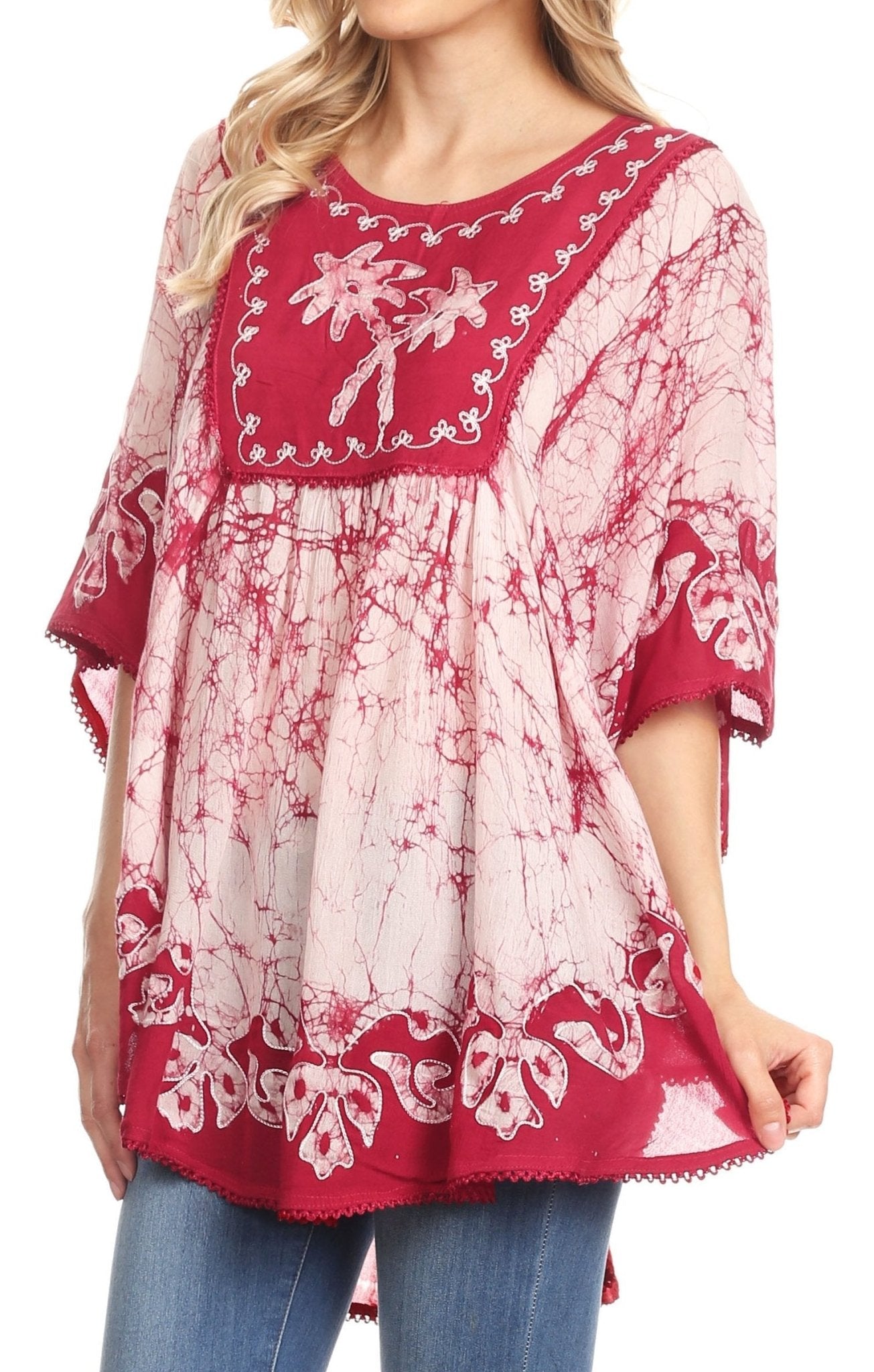 Sakkas Lynda Two Tone Batik Embroidered Palm Tree Peasant Top / Poncho tops La Vie Bien Sakkas Lynda Two Tone Batik Embroidered Palm Tree Peasant Top / Poncho