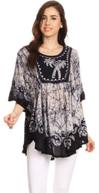 Sakkas Lynda Two Tone Batik Embroidered Palm Tree Peasant Top / Poncho tops La Vie Bien Sakkas Lynda Two Tone Batik Embroidered Palm Tree Peasant Top / Poncho