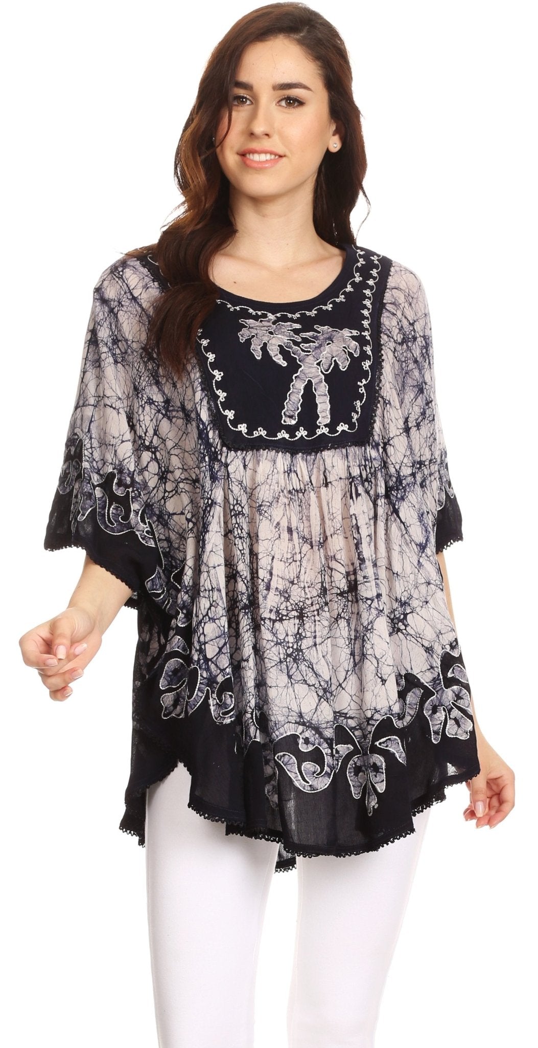 Sakkas Lynda Two Tone Batik Embroidered Palm Tree Peasant Top / Poncho tops La Vie Bien Sakkas Lynda Two Tone Batik Embroidered Palm Tree Peasant Top / Poncho