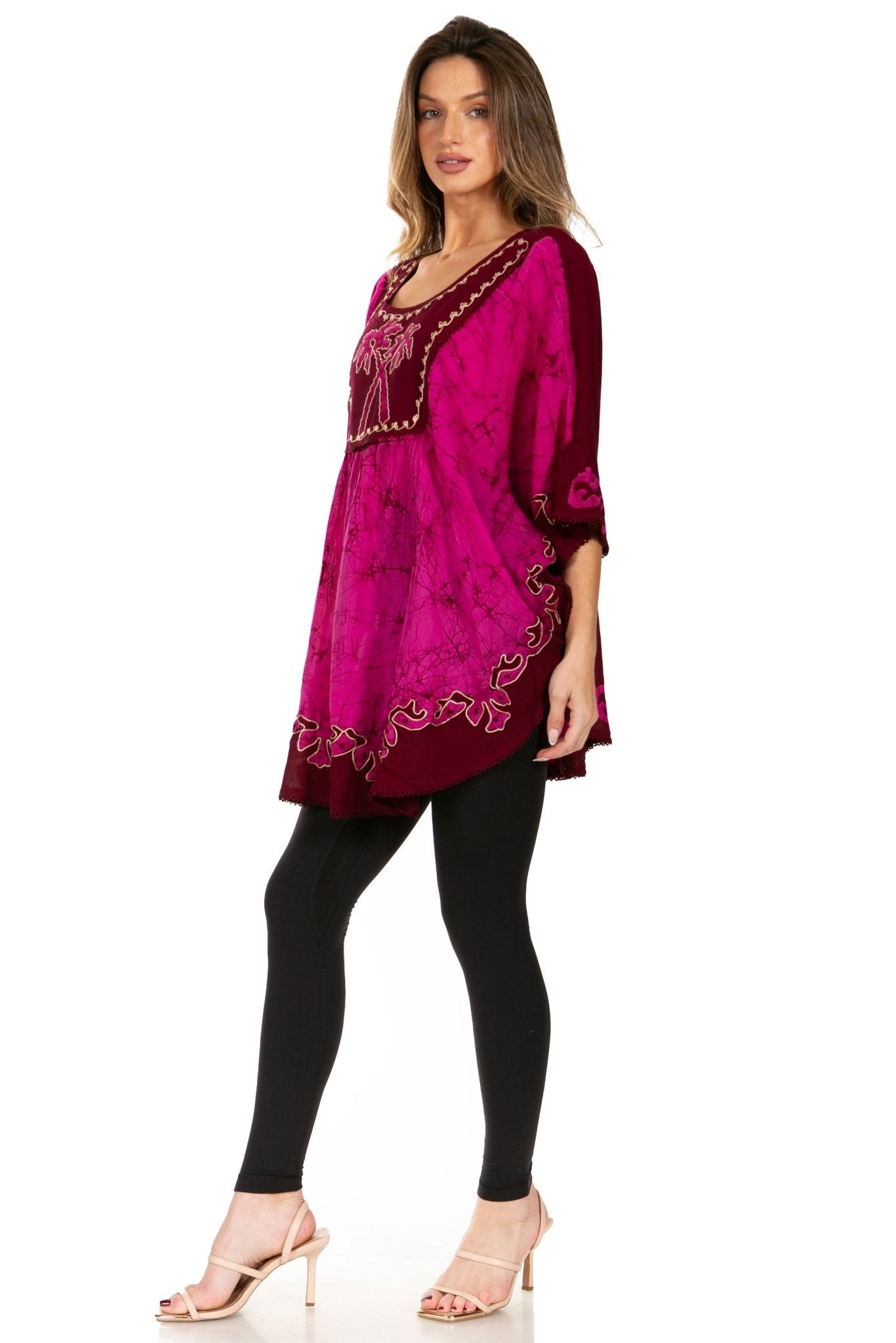 Sakkas Lynda Two Tone Batik Embroidered Palm Tree Peasant Top / Poncho tops La Vie Bien Sakkas Lynda Two Tone Batik Embroidered Palm Tree Peasant Top / Poncho