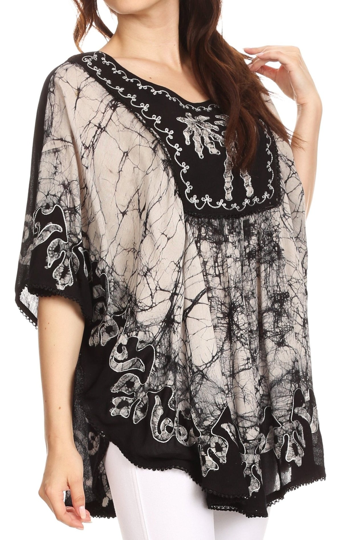 Sakkas Lynda Two Tone Batik Embroidered Palm Tree Peasant Top / Poncho tops La Vie Bien Sakkas Lynda Two Tone Batik Embroidered Palm Tree Peasant Top / Poncho