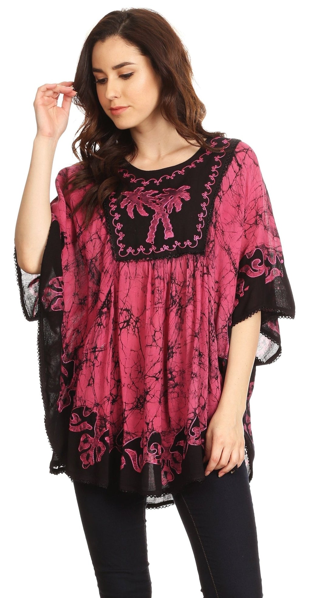 Sakkas Lynda Two Tone Batik Embroidered Palm Tree Peasant Top / Poncho tops La Vie Bien Sakkas Lynda Two Tone Batik Embroidered Palm Tree Peasant Top / Poncho