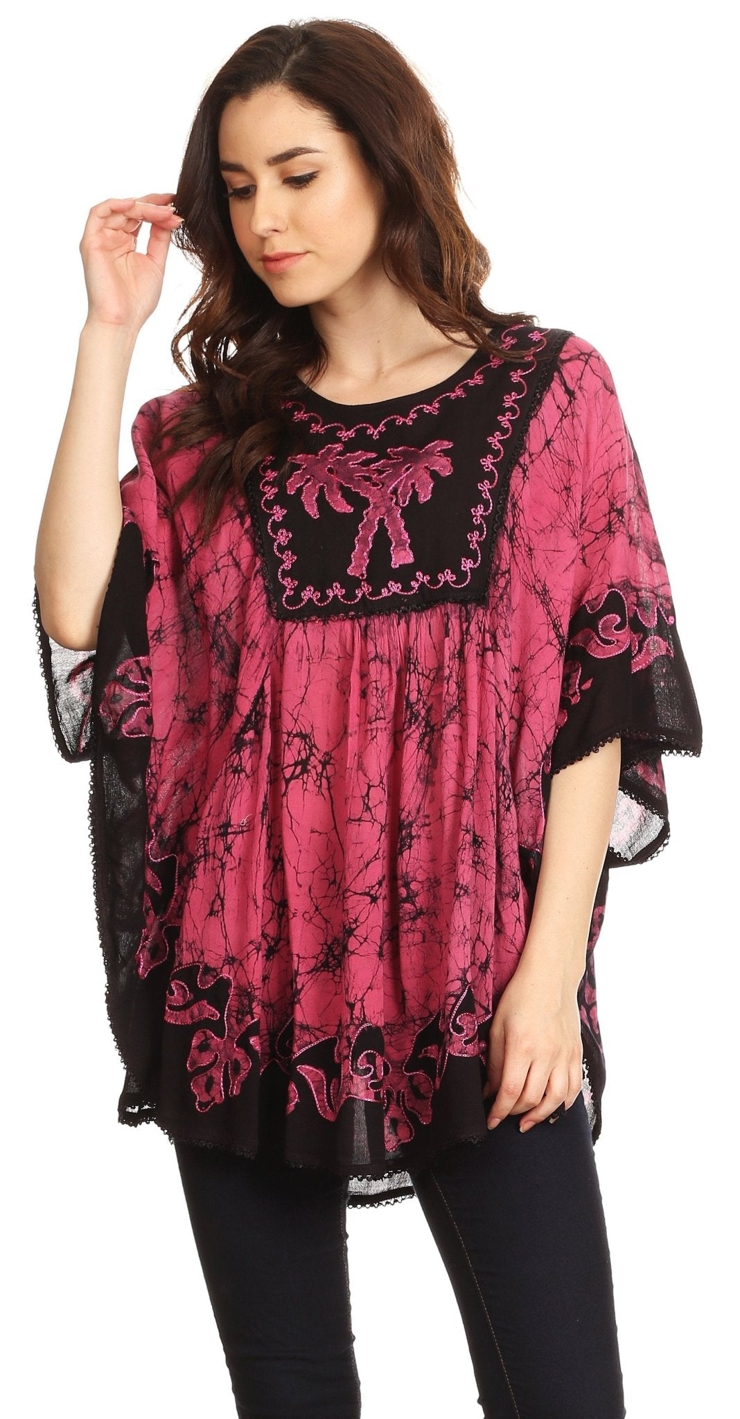Sakkas Lynda Two Tone Batik Embroidered Palm Tree Peasant Top / Poncho tops La Vie Bien Sakkas Lynda Two Tone Batik Embroidered Palm Tree Peasant Top / Poncho