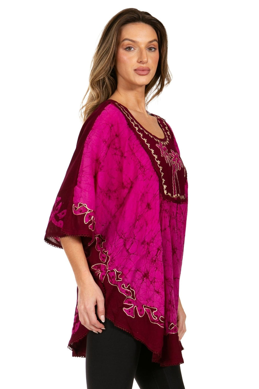 Sakkas Lynda Two Tone Batik Embroidered Palm Tree Peasant Top / Poncho tops La Vie Bien Sakkas Lynda Two Tone Batik Embroidered Palm Tree Peasant Top / Poncho