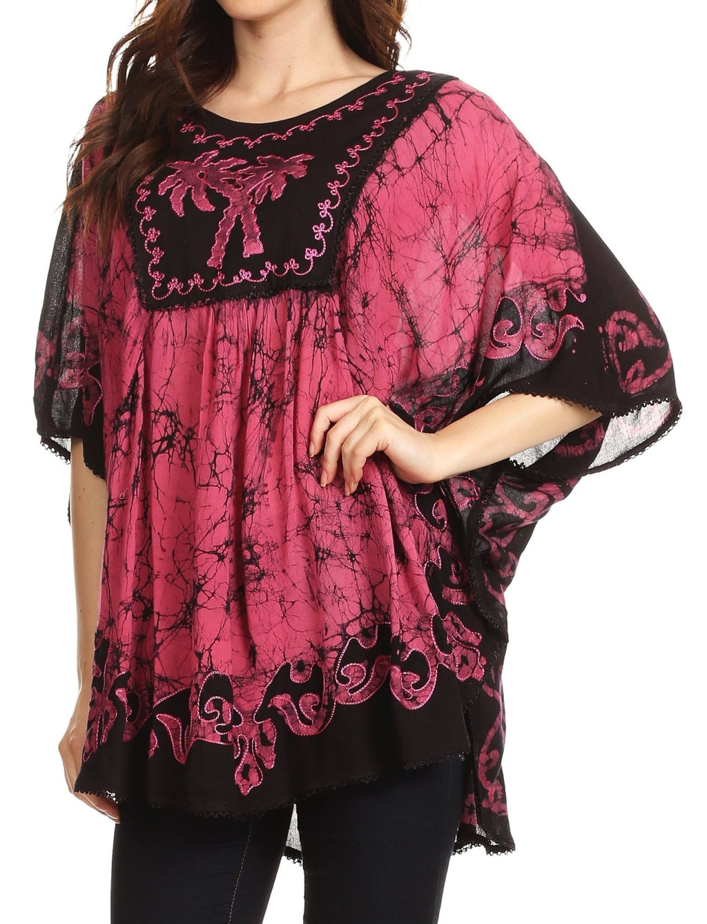 Sakkas Lynda Two Tone Batik Embroidered Palm Tree Peasant Top / Poncho tops La Vie Bien Sakkas Lynda Two Tone Batik Embroidered Palm Tree Peasant Top / Poncho