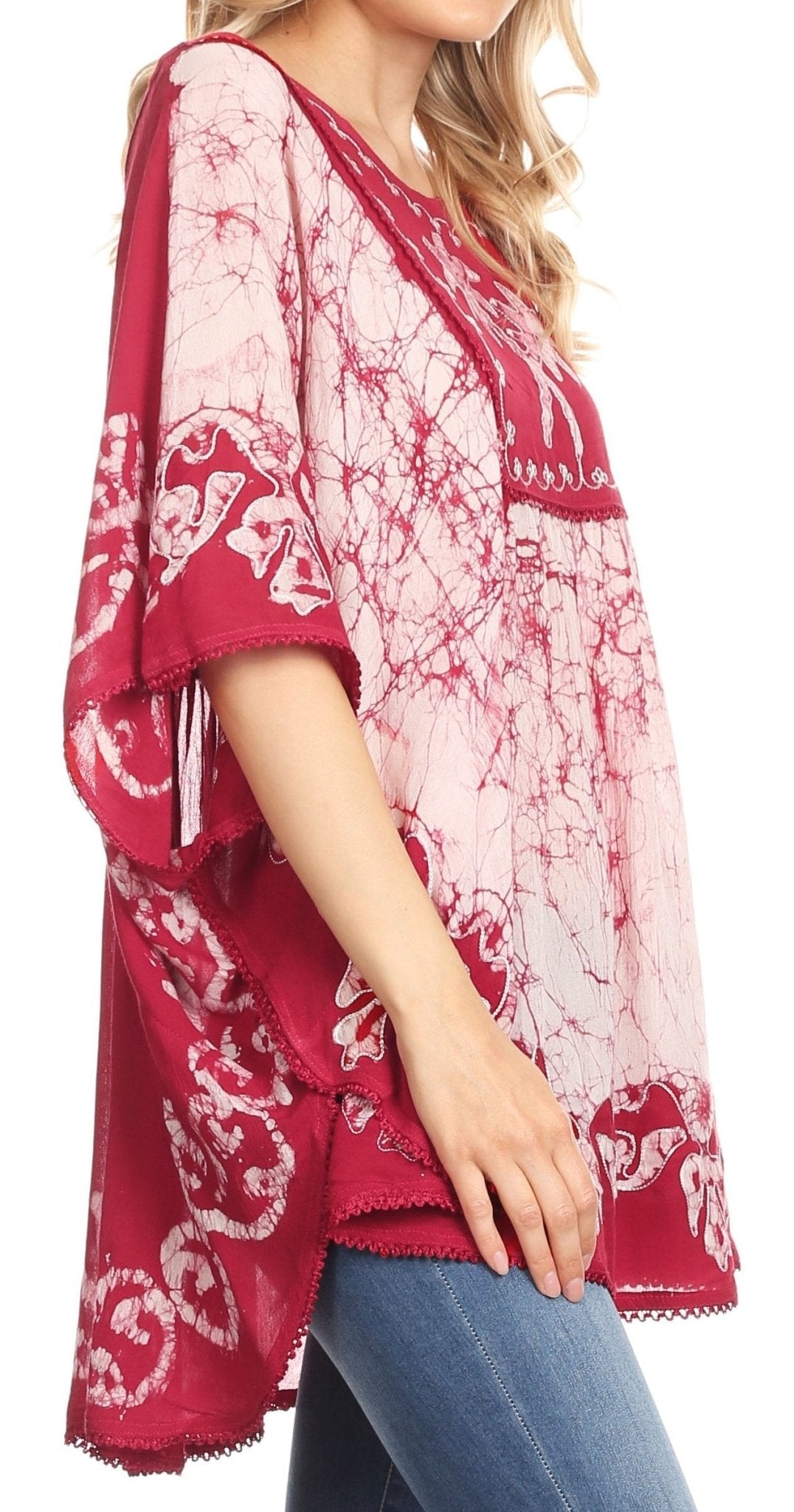 Sakkas Lynda Two Tone Batik Embroidered Palm Tree Peasant Top / Poncho tops La Vie Bien Sakkas Lynda Two Tone Batik Embroidered Palm Tree Peasant Top / Poncho