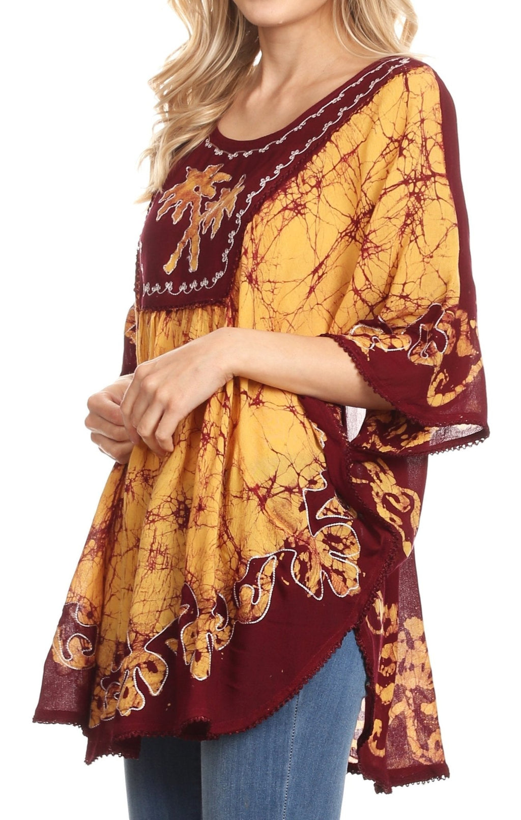 Sakkas Lynda Two Tone Batik Embroidered Palm Tree Peasant Top / Poncho tops La Vie Bien Sakkas Lynda Two Tone Batik Embroidered Palm Tree Peasant Top / Poncho