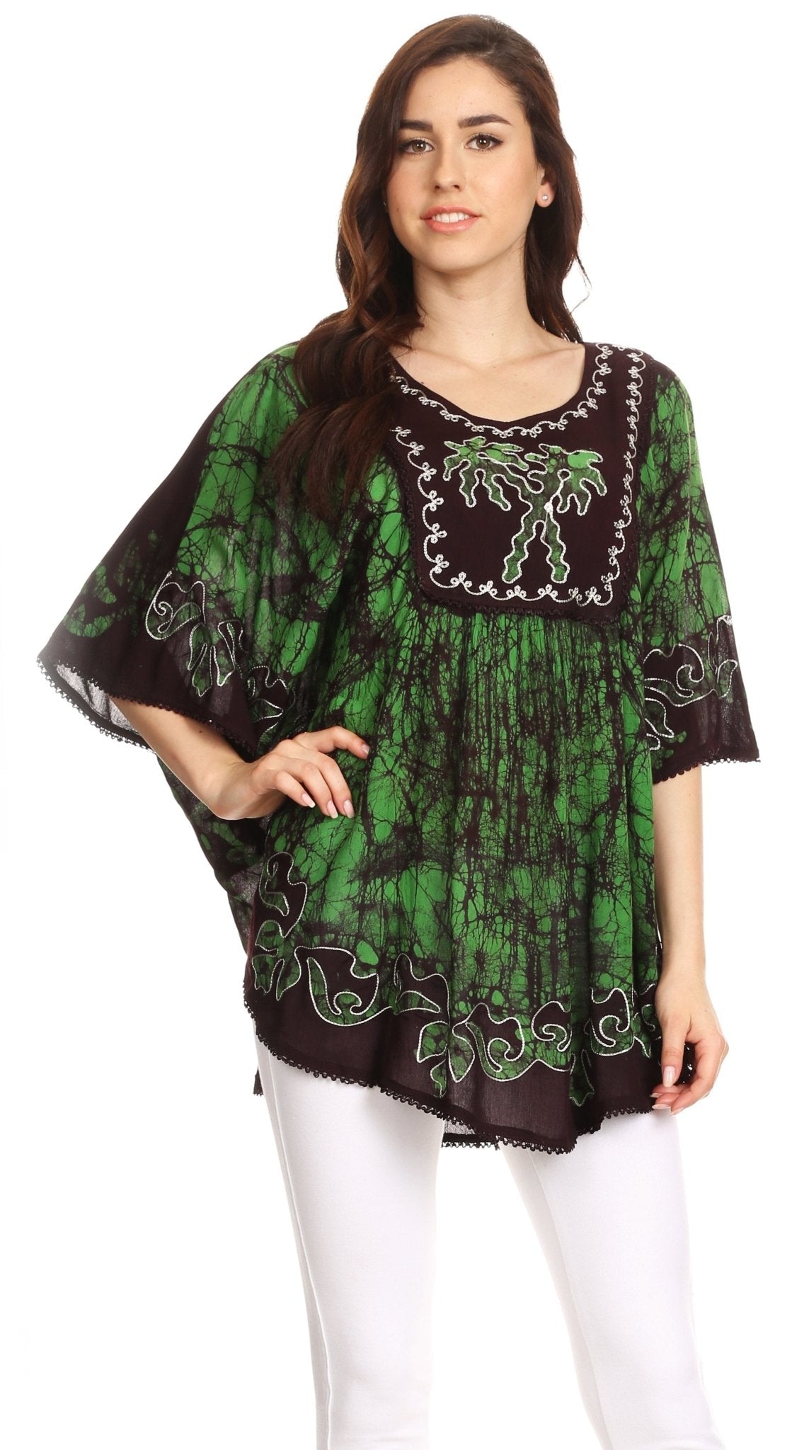 Sakkas Lynda Two Tone Batik Embroidered Palm Tree Peasant Top / Poncho tops La Vie Bien Sakkas Lynda Two Tone Batik Embroidered Palm Tree Peasant Top / Poncho
