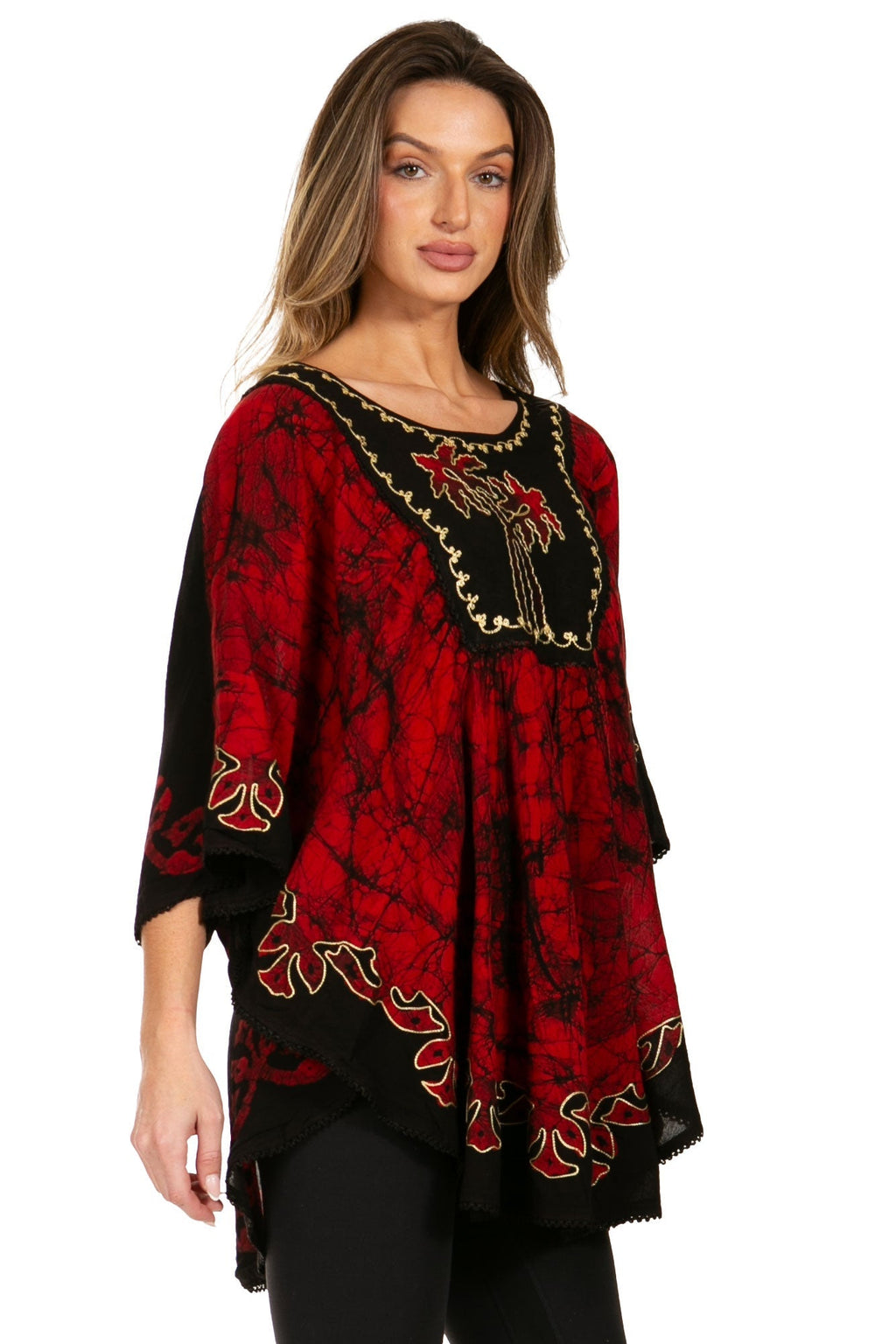 Sakkas Lynda Two Tone Batik Embroidered Palm Tree Peasant Top / Poncho tops La Vie Bien Sakkas Lynda Two Tone Batik Embroidered Palm Tree Peasant Top / Poncho