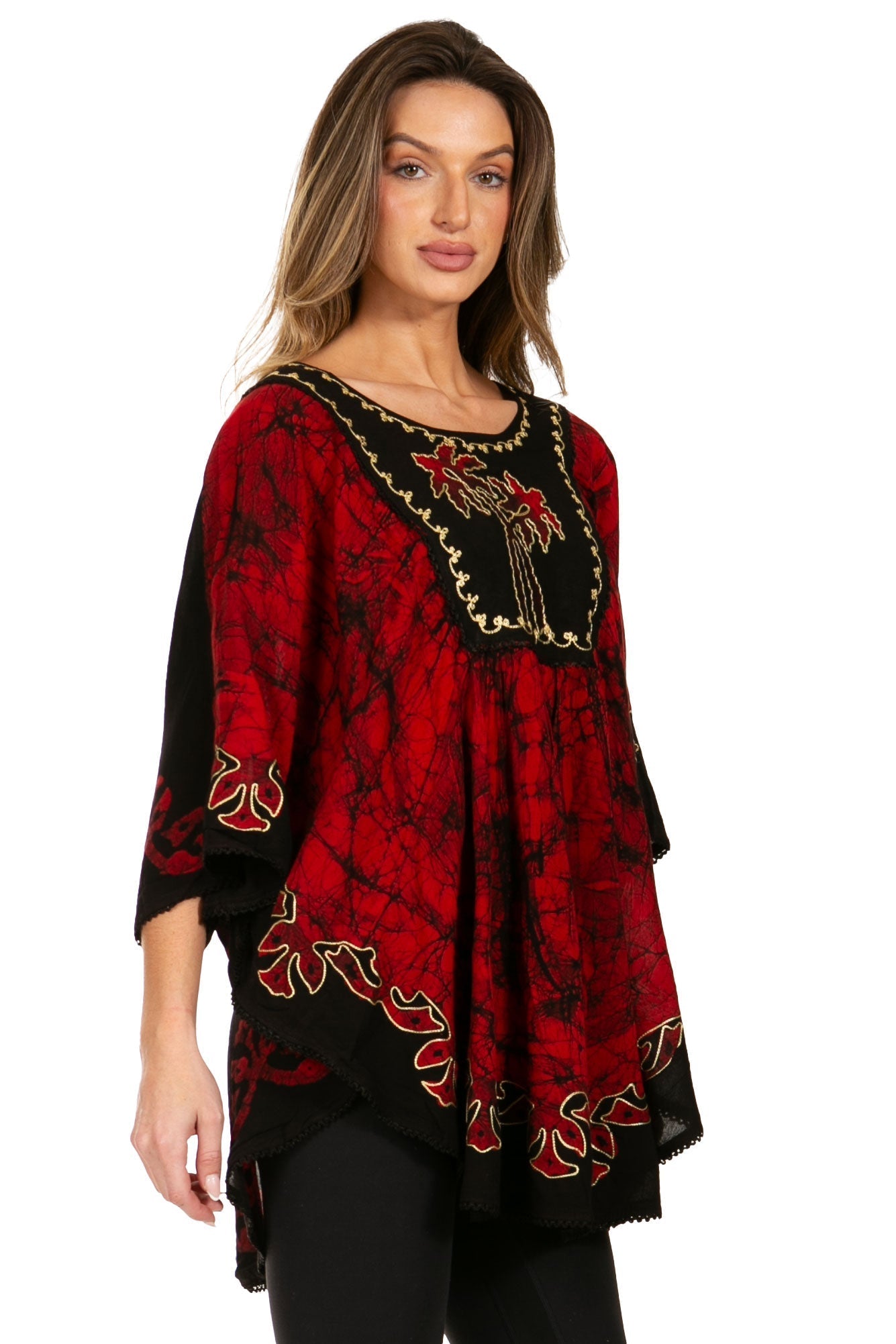 Sakkas Lynda Two Tone Batik Embroidered Palm Tree Peasant Top / Poncho tops La Vie Bien Sakkas Lynda Two Tone Batik Embroidered Palm Tree Peasant Top / Poncho