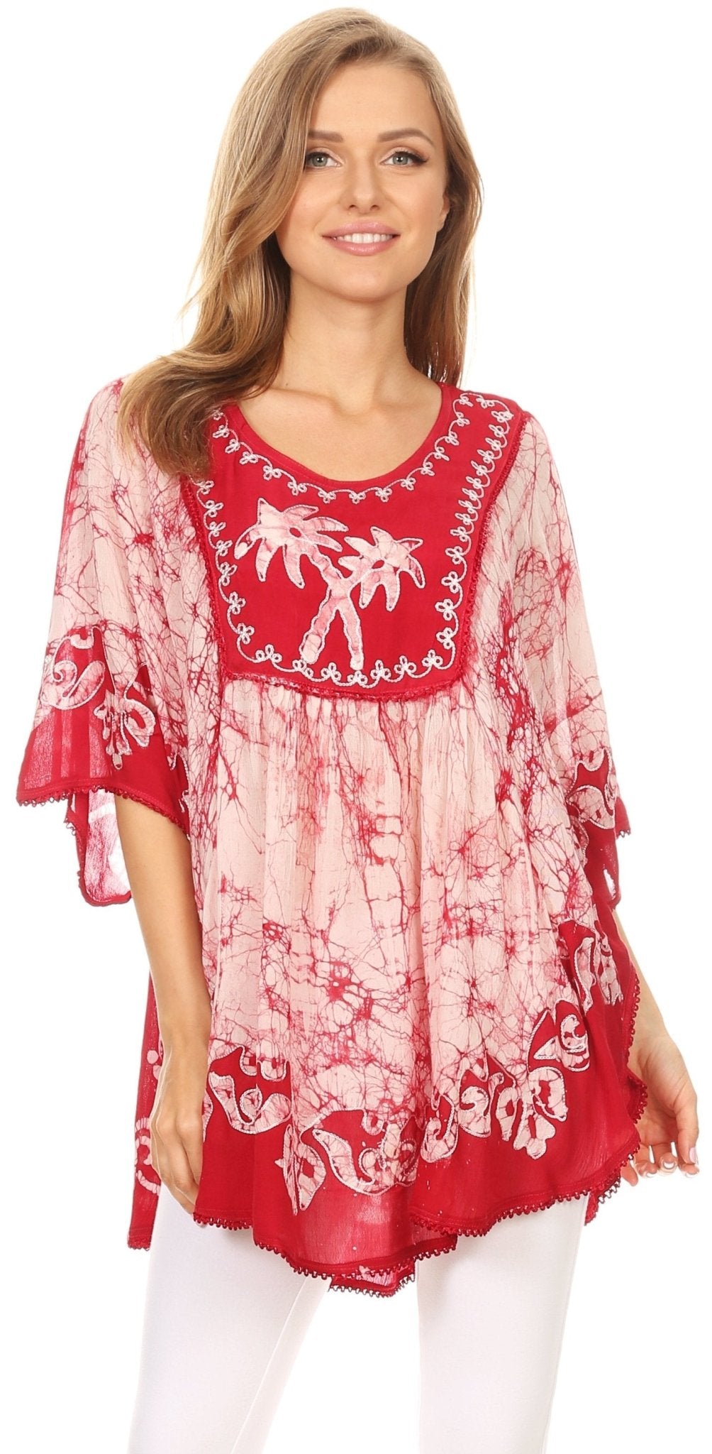Sakkas Lynda Two Tone Batik Embroidered Palm Tree Peasant Top / Poncho tops La Vie Bien Sakkas Lynda Two Tone Batik Embroidered Palm Tree Peasant Top / Poncho