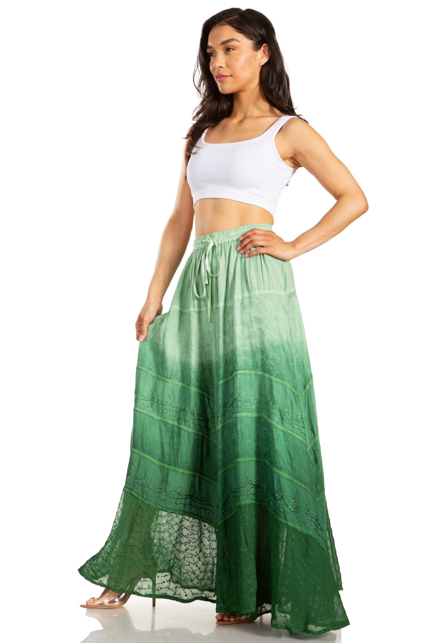 Sakkas Lyra Womens Bohemian Soft Brocade Rayon Tiered Embroidered Flowy Long Skirt skirts La Vie Bien Sakkas Lyra Womens Bohemian Soft Brocade Rayon Tiered Embroidered Flowy Long Skirt