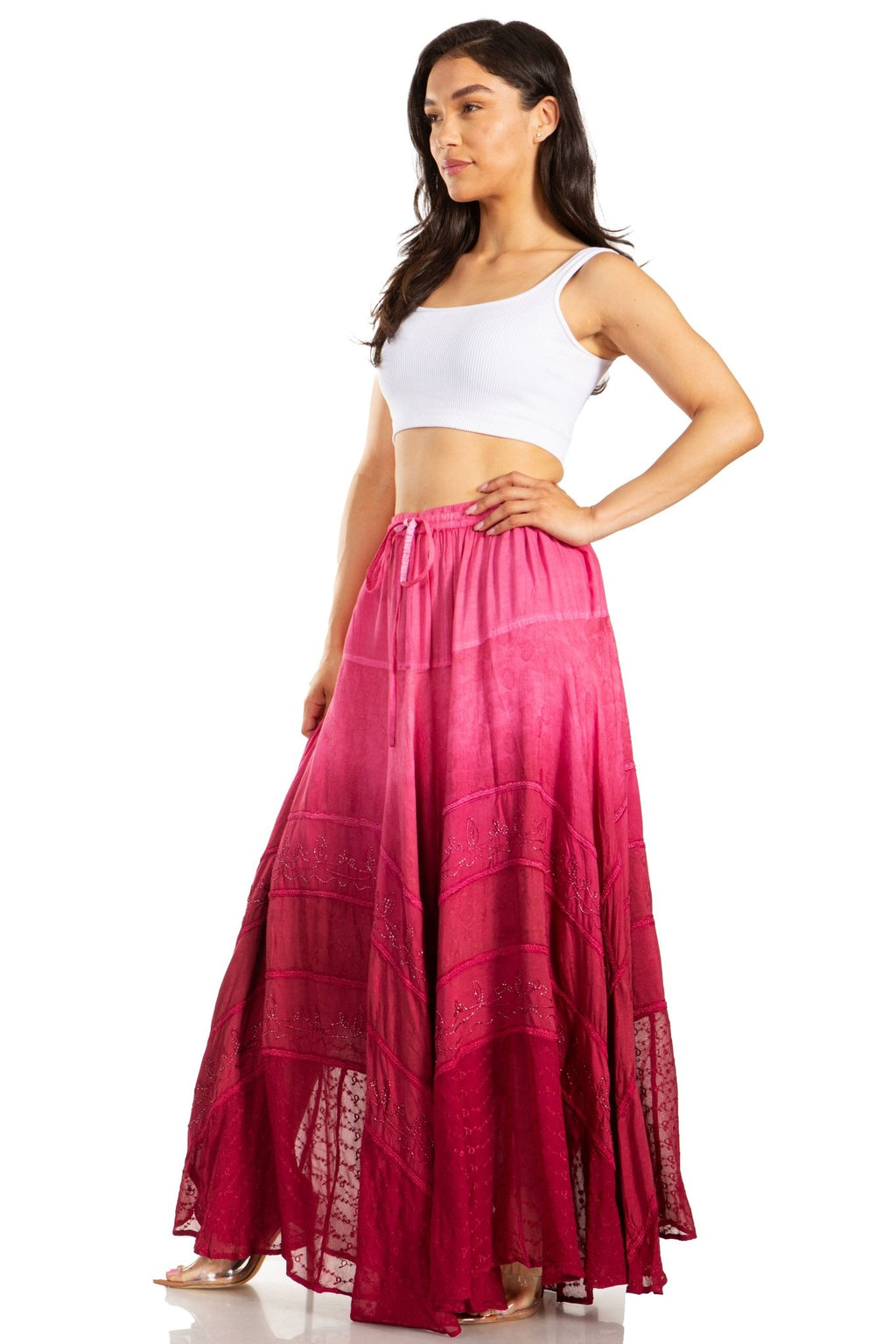Sakkas Lyra Womens Bohemian Soft Brocade Rayon Tiered Embroidered Flowy Long Skirt skirts La Vie Bien Sakkas Lyra Womens Bohemian Soft Brocade Rayon Tiered Embroidered Flowy Long Skirt