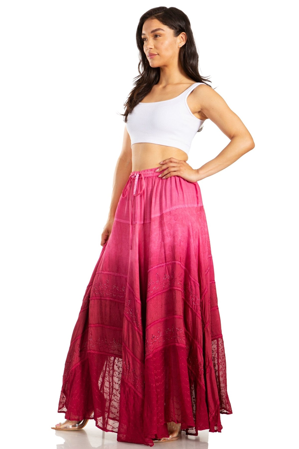 Sakkas Lyra Womens Bohemian Soft Brocade Rayon Tiered Embroidered Flowy Long Skirt skirts La Vie Bien Sakkas Lyra Womens Bohemian Soft Brocade Rayon Tiered Embroidered Flowy Long Skirt