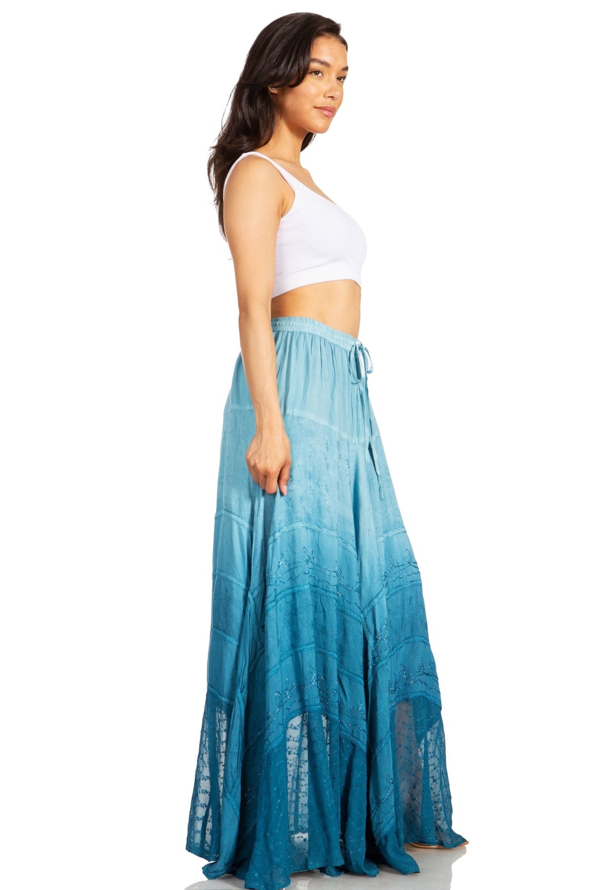 Sakkas Lyra Womens Bohemian Soft Brocade Rayon Tiered Embroidered Flowy Long Skirt skirts La Vie Bien Sakkas Lyra Womens Bohemian Soft Brocade Rayon Tiered Embroidered Flowy Long Skirt