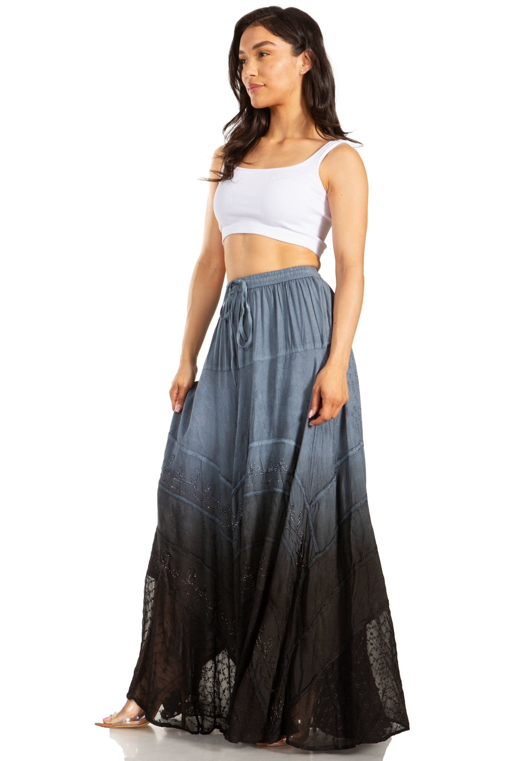 Sakkas Lyra Womens Bohemian Soft Brocade Rayon Tiered Embroidered Flowy Long Skirt skirts La Vie Bien Sakkas Lyra Womens Bohemian Soft Brocade Rayon Tiered Embroidered Flowy Long Skirt