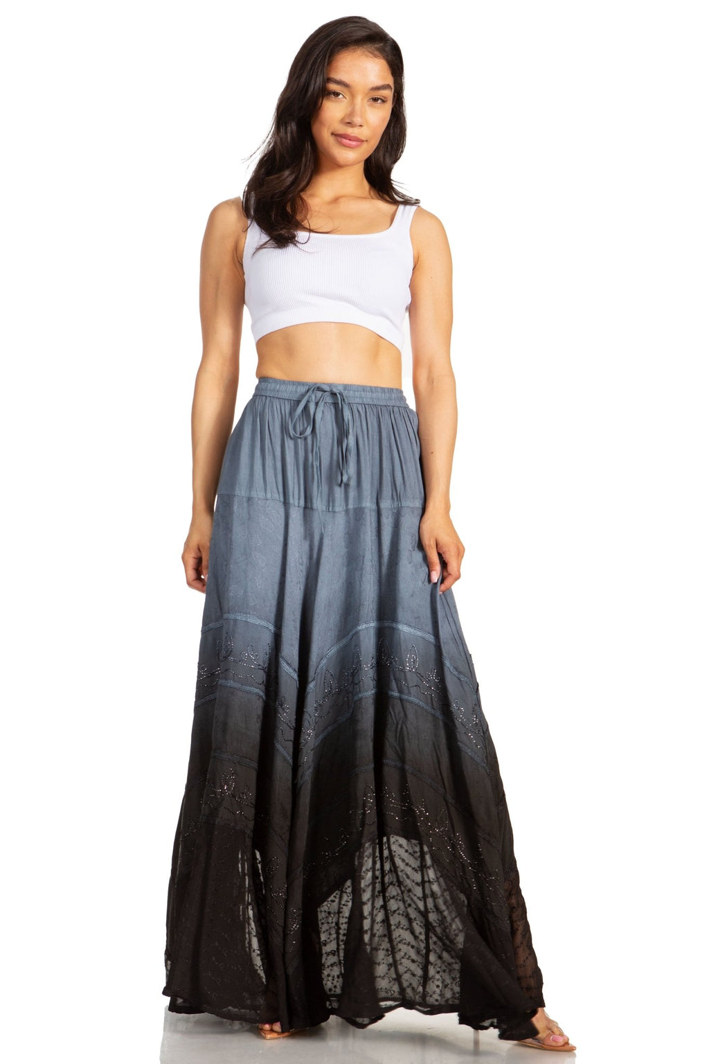 Sakkas Lyra Womens Bohemian Soft Brocade Rayon Tiered Embroidered Flowy Long Skirt skirts La Vie Bien Sakkas Lyra Womens Bohemian Soft Brocade Rayon Tiered Embroidered Flowy Long Skirt