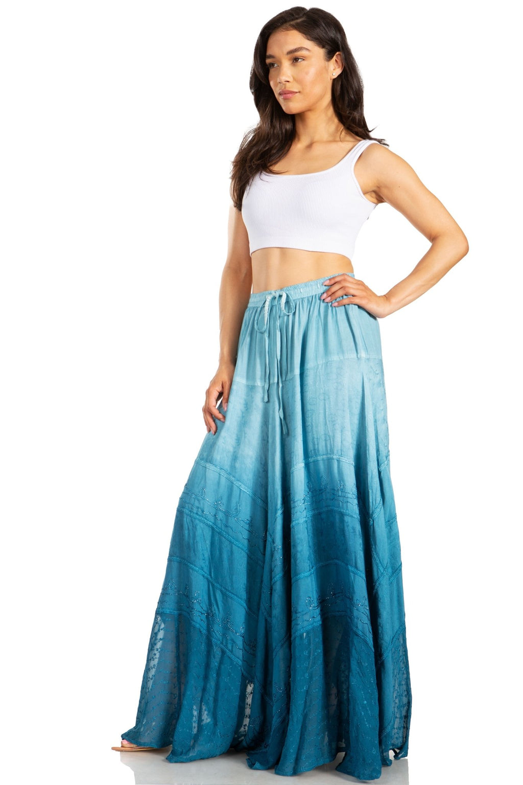Sakkas Lyra Womens Bohemian Soft Brocade Rayon Tiered Embroidered Flowy Long Skirt skirts La Vie Bien Sakkas Lyra Womens Bohemian Soft Brocade Rayon Tiered Embroidered Flowy Long Skirt