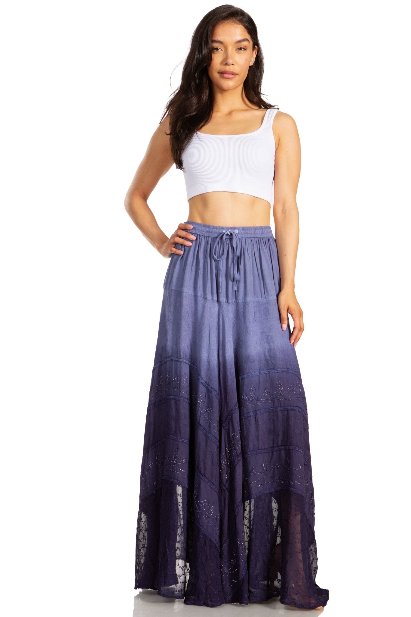 Sakkas Lyra Womens Bohemian Soft Brocade Rayon Tiered Embroidered Flowy Long Skirt skirts La Vie Bien Sakkas Lyra Womens Bohemian Soft Brocade Rayon Tiered Embroidered Flowy Long Skirt