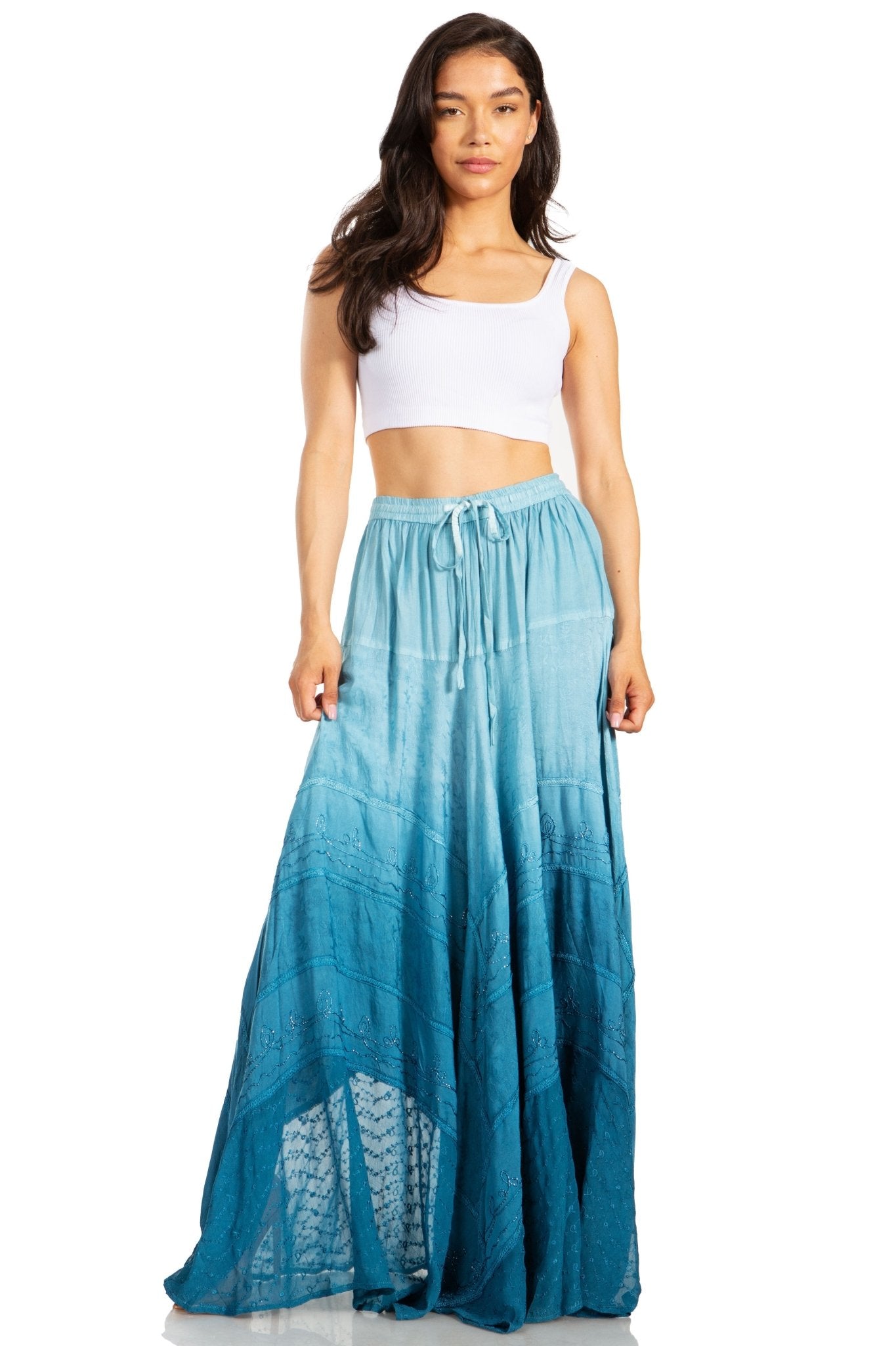 Sakkas Lyra Womens Bohemian Soft Brocade Rayon Tiered Embroidered Flowy Long Skirt skirts La Vie Bien Sakkas Lyra Womens Bohemian Soft Brocade Rayon Tiered Embroidered Flowy Long Skirt