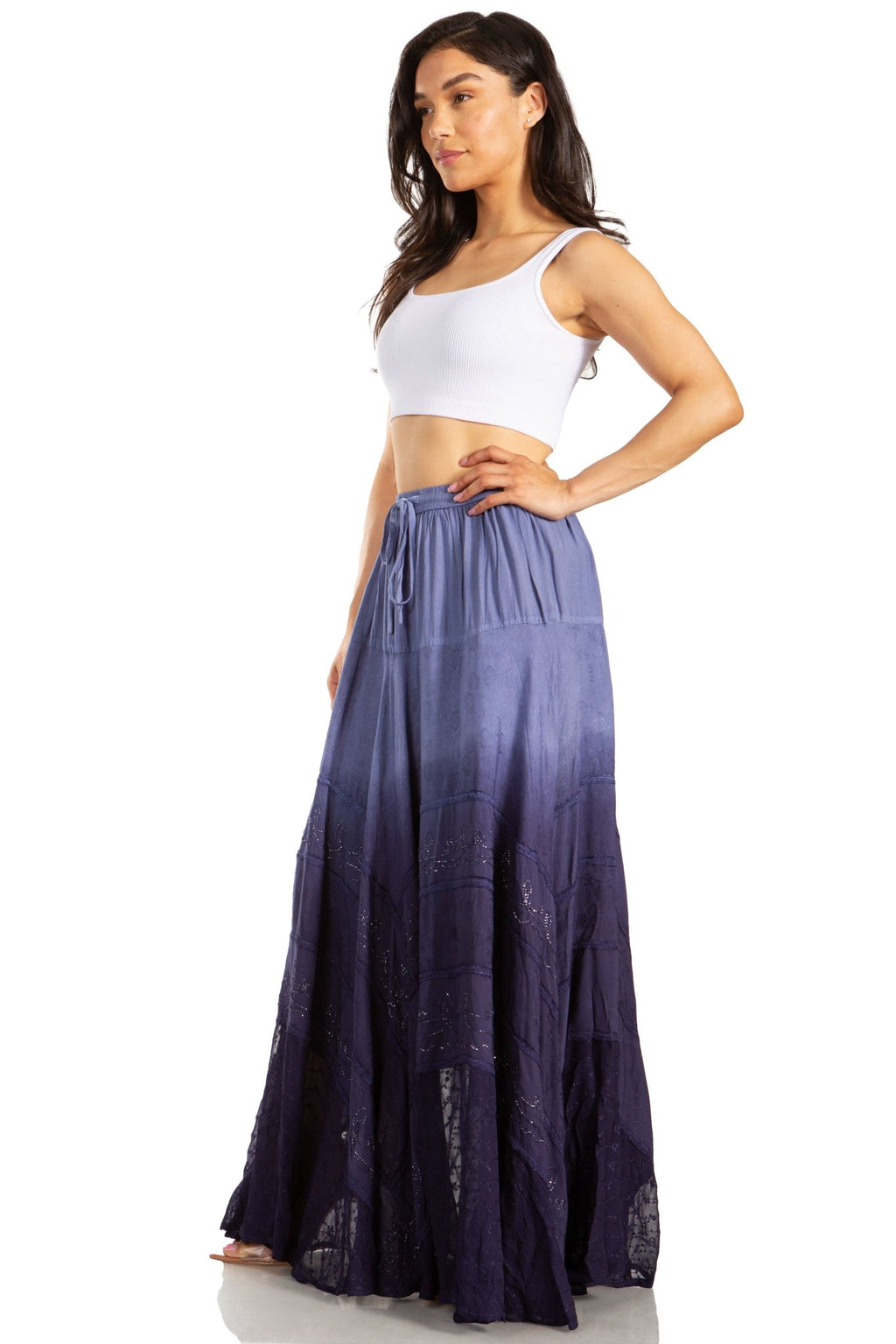 Sakkas Lyra Womens Bohemian Soft Brocade Rayon Tiered Embroidered Flowy Long Skirt skirts La Vie Bien Sakkas Lyra Womens Bohemian Soft Brocade Rayon Tiered Embroidered Flowy Long Skirt