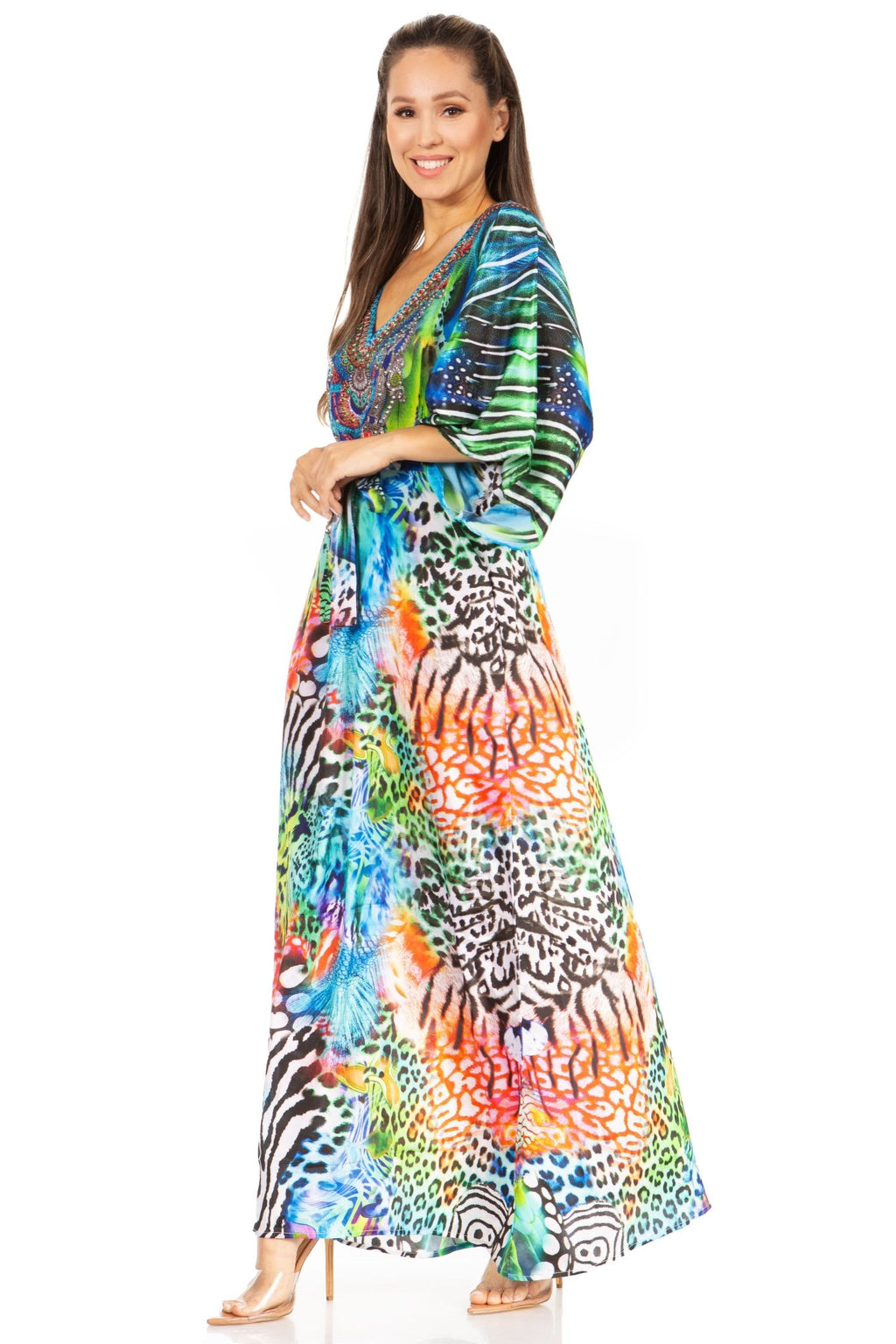 Sakkas Maribel Maxi Caftan Dress - Women's V-Neck, Short Sleeves dresses La Vie Bien Sakkas Maribel Maxi Caftan Dress - Women's V-Neck, Short Sleeves