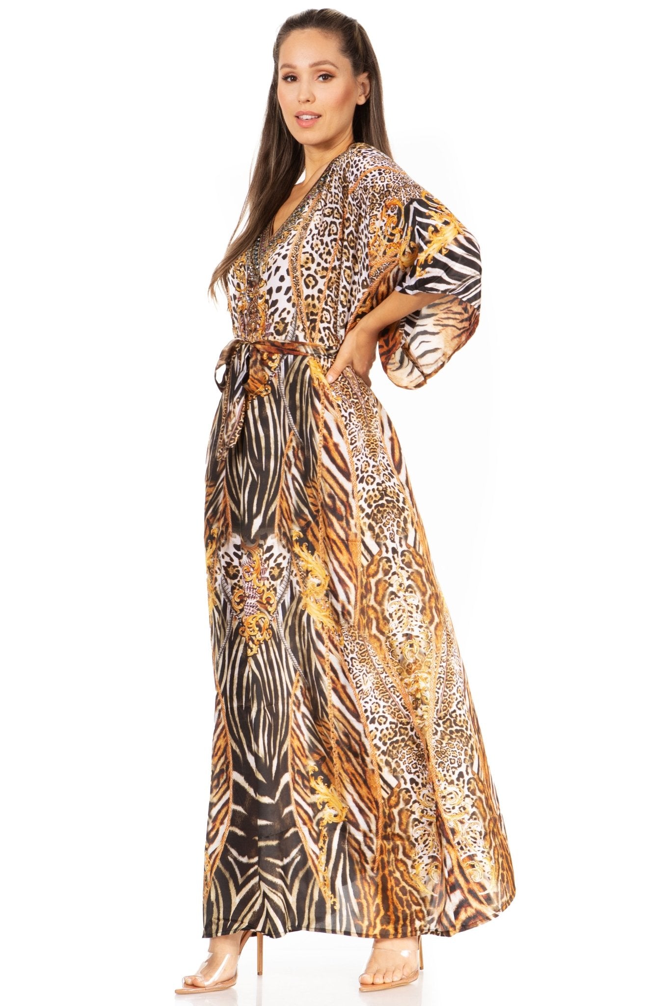 Sakkas Maribel Maxi Caftan Dress - Women's V-Neck, Short Sleeves dresses La Vie Bien Sakkas Maribel Maxi Caftan Dress - Women's V-Neck, Short Sleeves