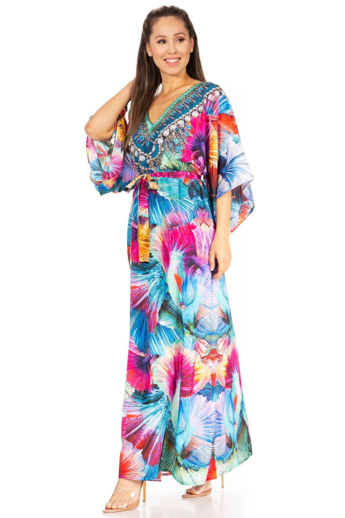 Sakkas Maribel Maxi Caftan Dress - Women's V-Neck, Short Sleeves dresses La Vie Bien Sakkas Maribel Maxi Caftan Dress - Women's V-Neck, Short Sleeves