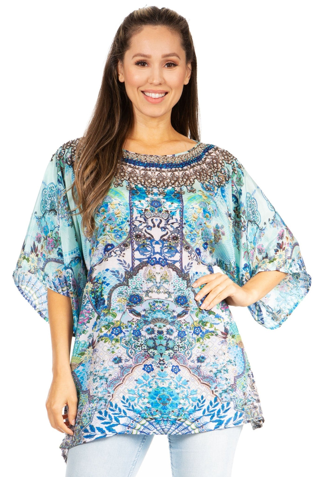 Sakkas Marina Floral Women's Blouse - Short Sleeve Tunic tops La Vie Bien Sakkas Marina Floral Women's Blouse - Short Sleeve Tunic