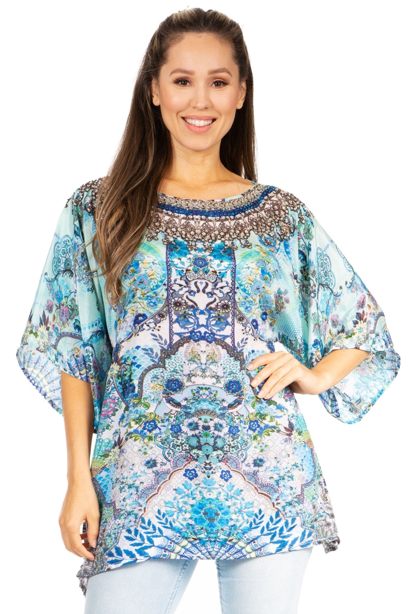 Sakkas Marina Floral Women's Blouse - Short Sleeve Tunic tops La Vie Bien Sakkas Marina Floral Women's Blouse - Short Sleeve Tunic