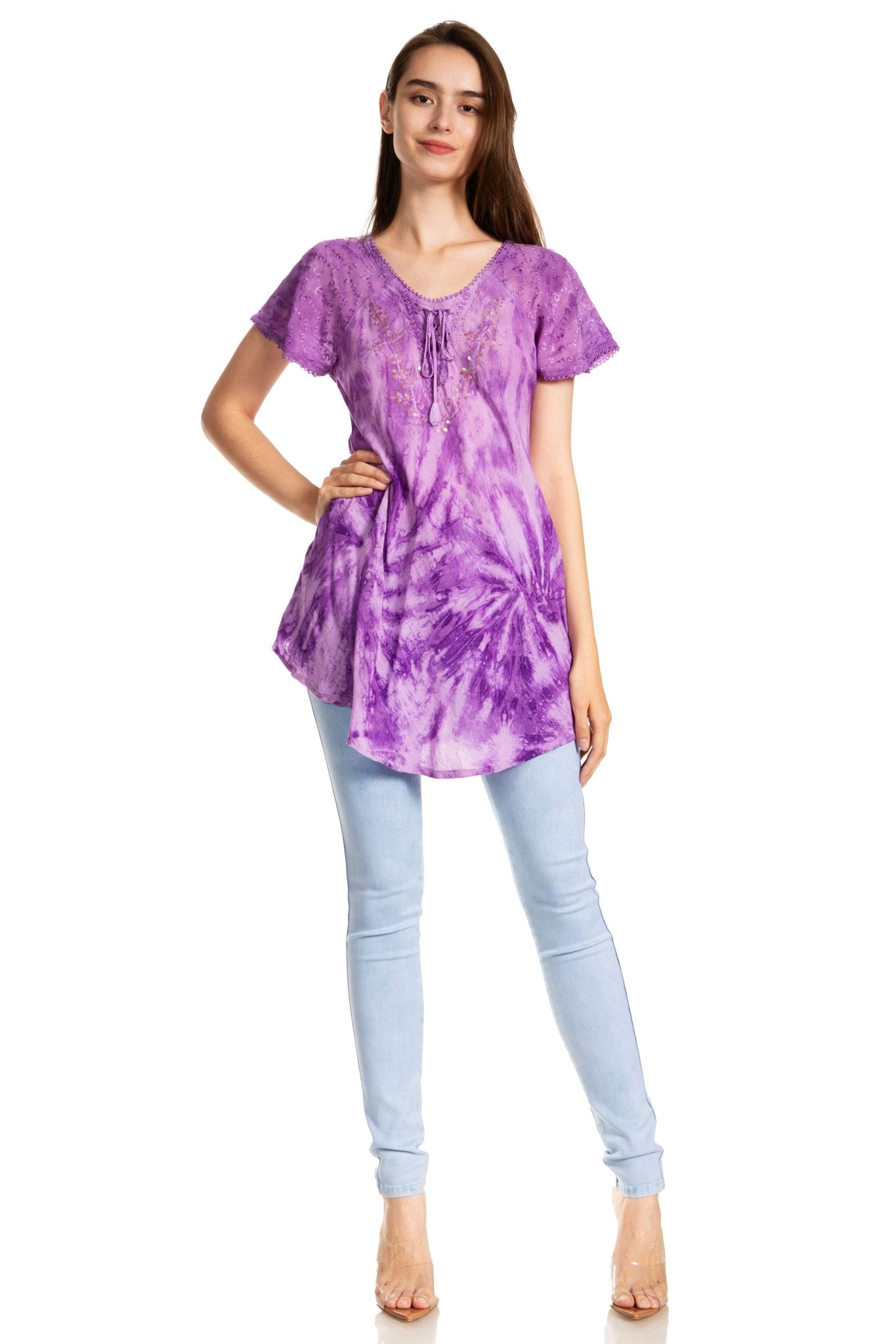 Sakkas Marzia Women's Loose Fit Short Sleeve Casual Tie Dye Batik Blouse Top Tunic tops La Vie Bien Sakkas Marzia Women's Loose Fit Short Sleeve Casual Tie Dye Batik Blouse Top Tunic
