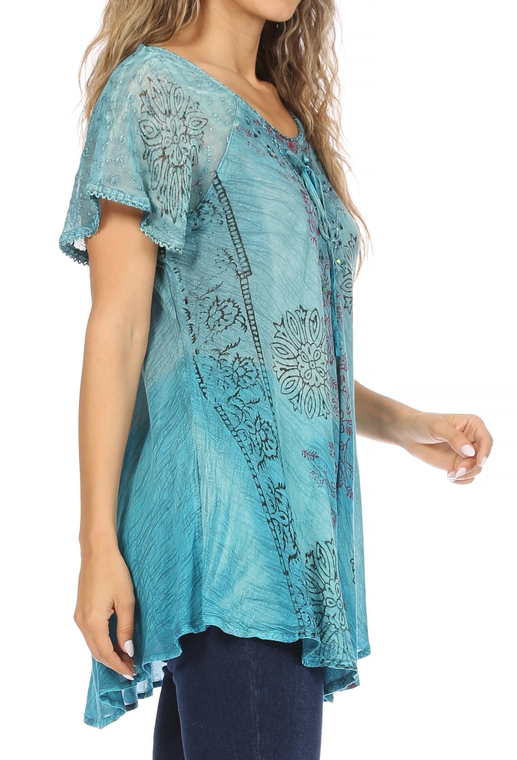Sakkas Marzia Women's Loose Fit Short Sleeve Casual Tie Dye Batik Blouse Top Tunic tops La Vie Bien Sakkas Marzia Women's Loose Fit Short Sleeve Casual Tie Dye Batik Blouse Top Tunic