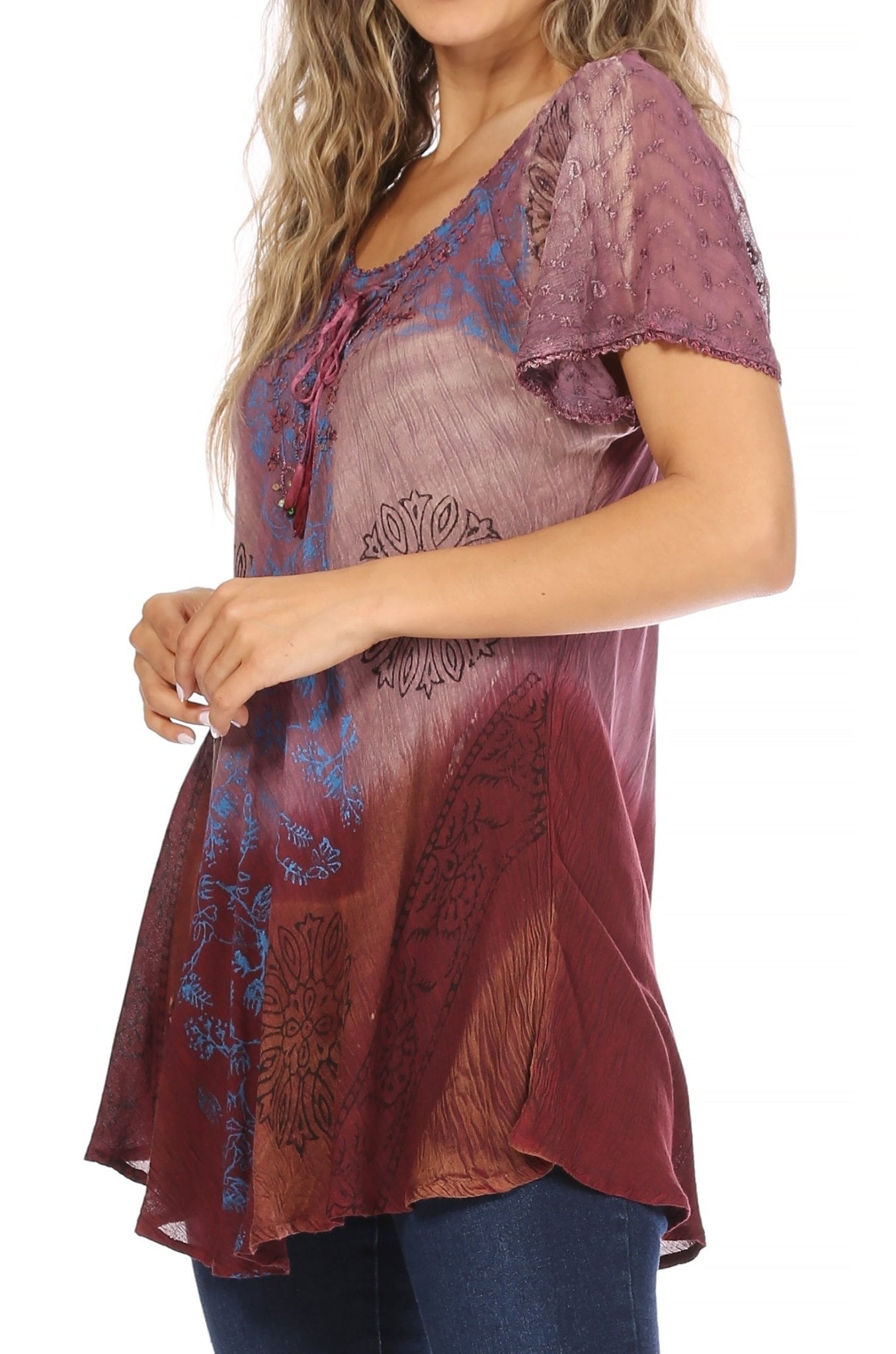 Sakkas Marzia Women's Loose Fit Short Sleeve Casual Tie Dye Batik Blouse Top Tunic tops La Vie Bien Sakkas Marzia Women's Loose Fit Short Sleeve Casual Tie Dye Batik Blouse Top Tunic