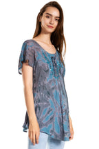 Sakkas Marzia Women's Loose Fit Short Sleeve Casual Tie Dye Batik Blouse Top Tunic tops La Vie Bien Sakkas Marzia Women's Loose Fit Short Sleeve Casual Tie Dye Batik Blouse Top Tunic