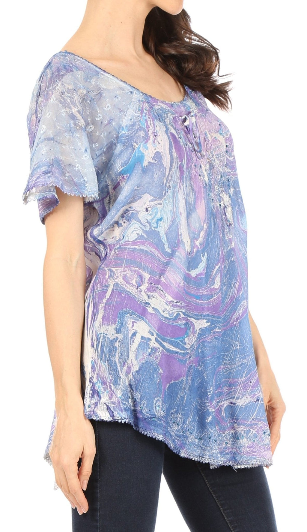 Sakkas Marzia Women's Loose Fit Short Sleeve Casual Tie Dye Batik Blouse Top Tunic tops La Vie Bien Sakkas Marzia Women's Loose Fit Short Sleeve Casual Tie Dye Batik Blouse Top Tunic