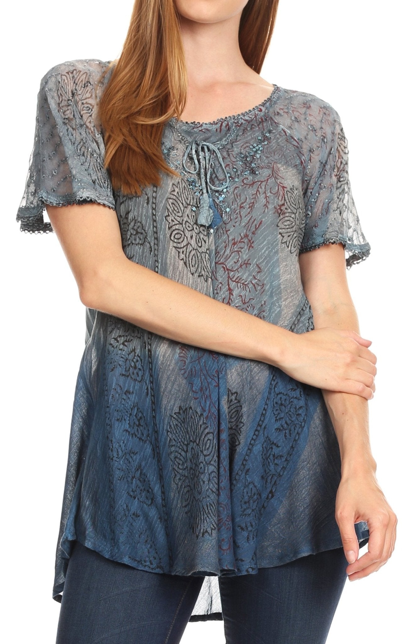 Sakkas Marzia Women's Loose Fit Short Sleeve Casual Tie Dye Batik Blouse Top Tunic tops La Vie Bien Sakkas Marzia Women's Loose Fit Short Sleeve Casual Tie Dye Batik Blouse Top Tunic