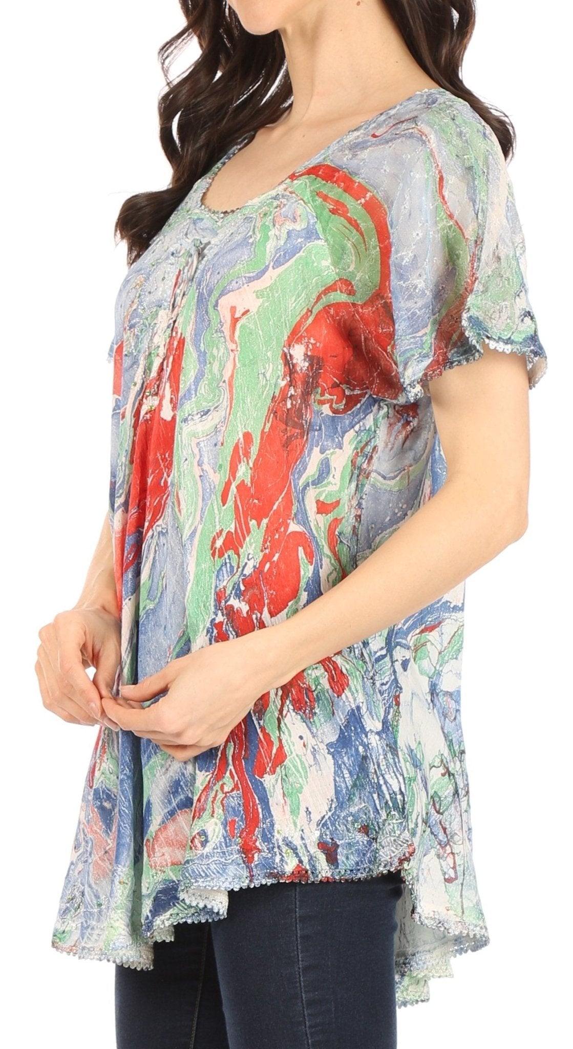 Sakkas Marzia Women's Loose Fit Short Sleeve Casual Tie Dye Batik Blouse Top Tunic tops La Vie Bien Sakkas Marzia Women's Loose Fit Short Sleeve Casual Tie Dye Batik Blouse Top Tunic