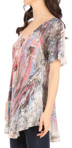 Sakkas Marzia Women's Loose Fit Short Sleeve Casual Tie Dye Batik Blouse Top Tunic tops La Vie Bien Sakkas Marzia Women's Loose Fit Short Sleeve Casual Tie Dye Batik Blouse Top Tunic