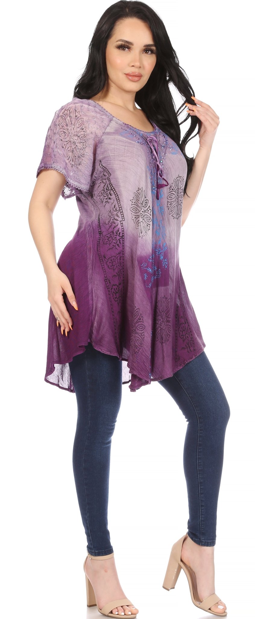 Sakkas Marzia Women's Loose Fit Short Sleeve Casual Tie Dye Batik Blouse Top Tunic tops La Vie Bien Sakkas Marzia Women's Loose Fit Short Sleeve Casual Tie Dye Batik Blouse Top Tunic