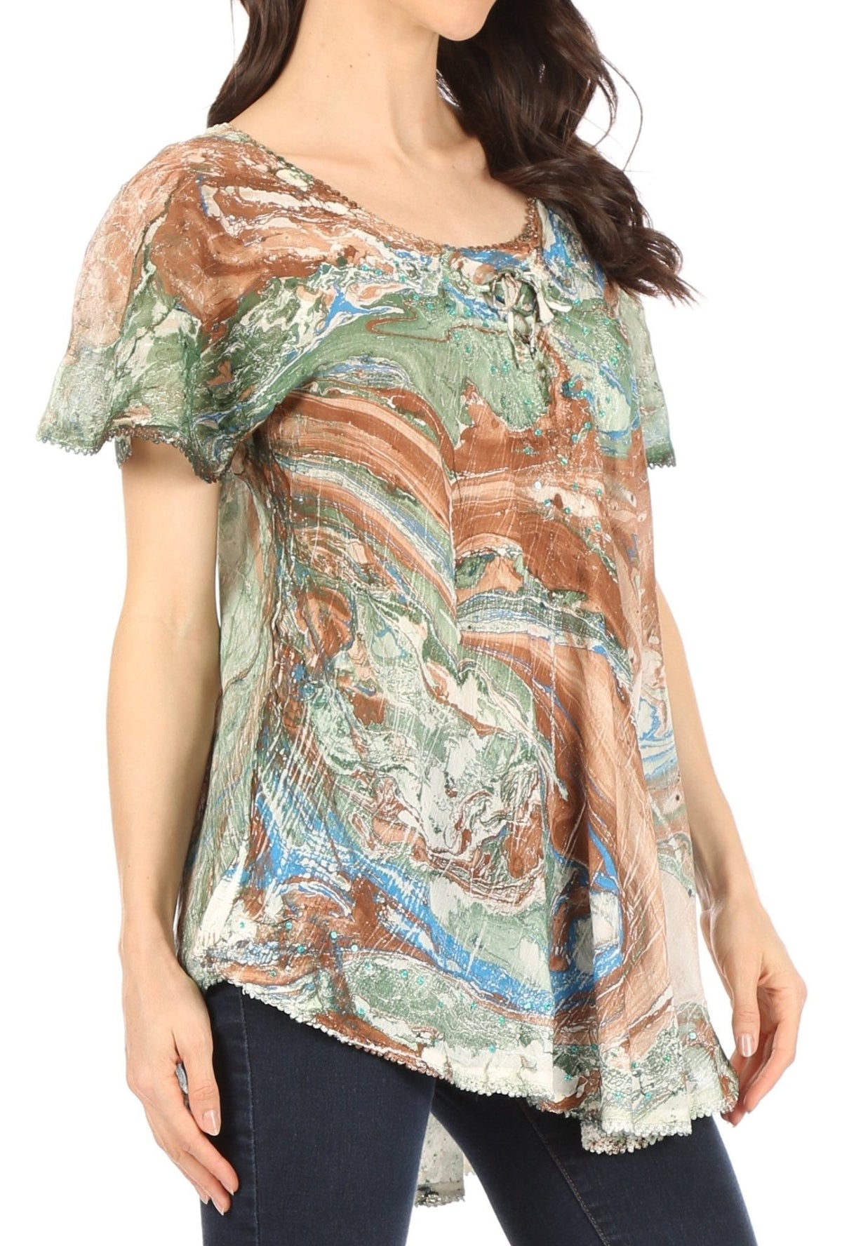 Sakkas Marzia Women's Loose Fit Short Sleeve Casual Tie Dye Batik Blouse Top Tunic tops La Vie Bien Sakkas Marzia Women's Loose Fit Short Sleeve Casual Tie Dye Batik Blouse Top Tunic
