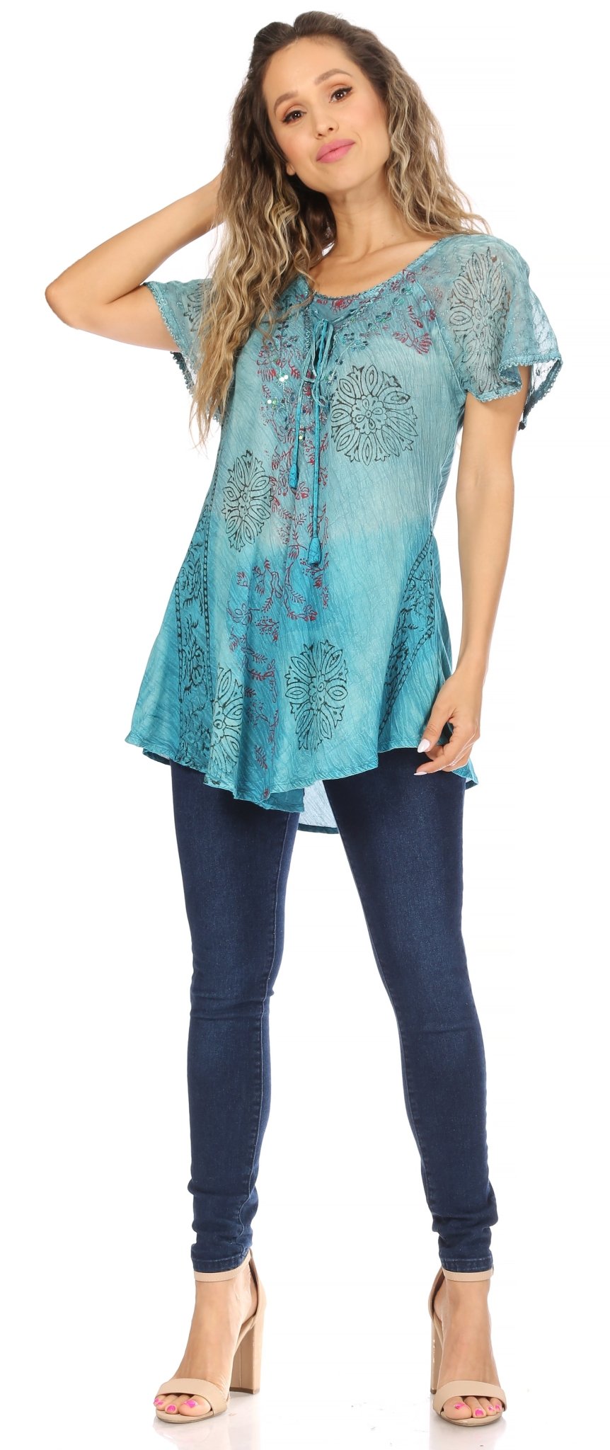 Sakkas Marzia Women's Loose Fit Short Sleeve Casual Tie Dye Batik Blouse Top Tunic tops La Vie Bien Sakkas Marzia Women's Loose Fit Short Sleeve Casual Tie Dye Batik Blouse Top Tunic