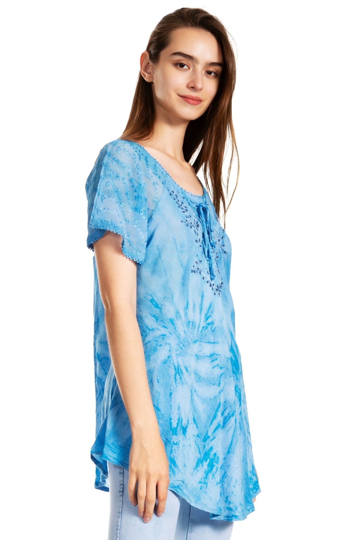 Sakkas Marzia Women's Loose Fit Short Sleeve Casual Tie Dye Batik Blouse Top Tunic tops La Vie Bien Sakkas Marzia Women's Loose Fit Short Sleeve Casual Tie Dye Batik Blouse Top Tunic