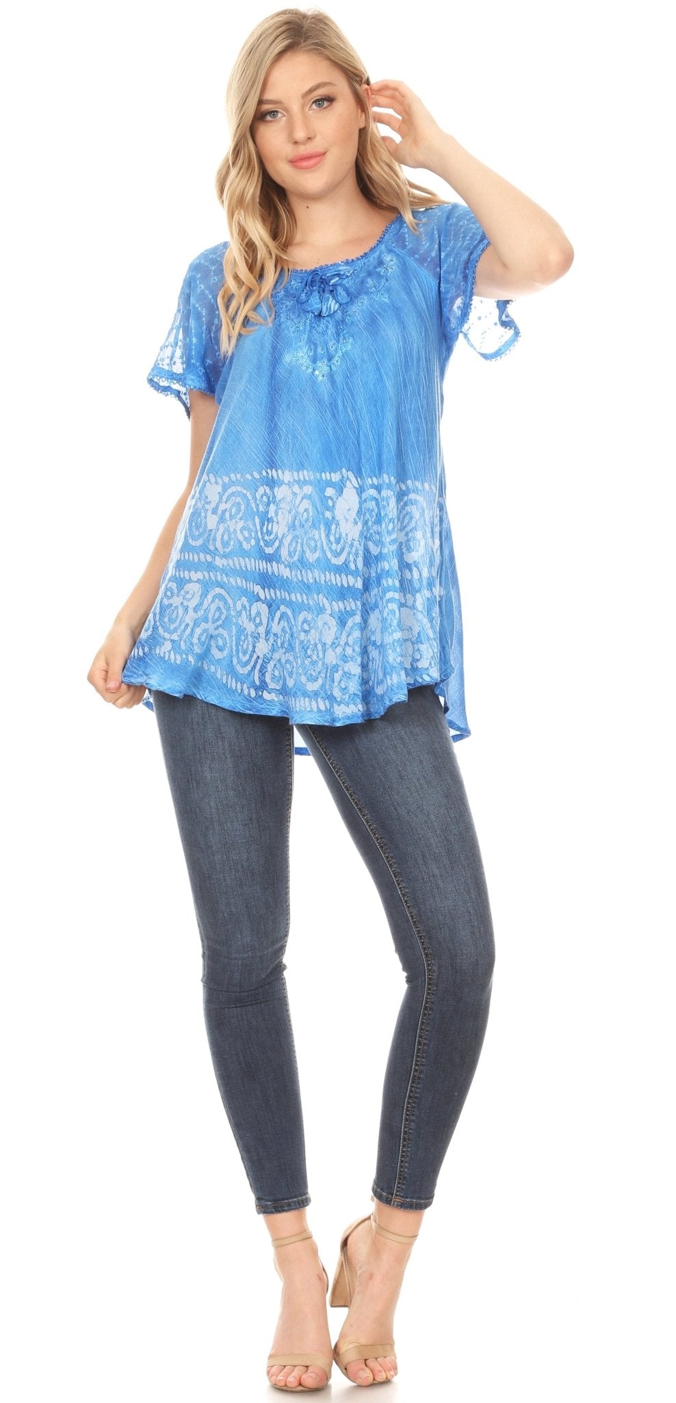 Sakkas Marzia Women's Loose Fit Short Sleeve Casual Tie Dye Batik Blouse Top Tunic tops La Vie Bien Sakkas Marzia Women's Loose Fit Short Sleeve Casual Tie Dye Batik Blouse Top Tunic